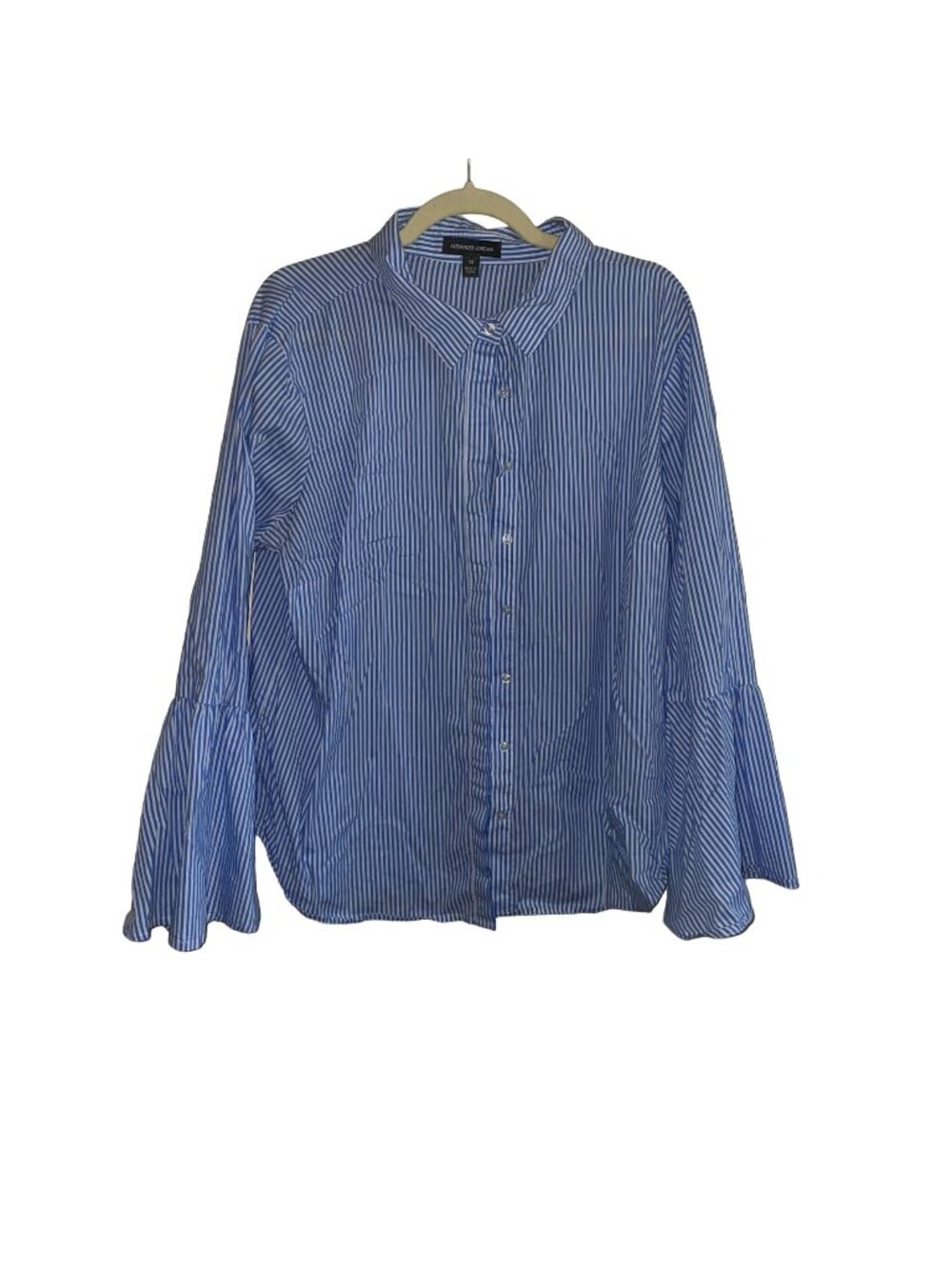 Blue & White Striped Flared Bell Sleeve Button-Down Shirt Alexander Jordan  1X